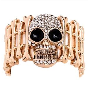 Gold Skull Rhinestone Pave Skull Stretch Bracelet Gothic Fun Holiday